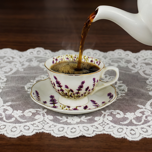 Jogo 6 Xícaras de Café com Pires Jardim de Lavanda Cerâmica Filete Dourado 120ml