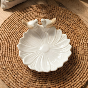 Petisqueira Redonda Dueto de Pássaros Cerâmica Branco