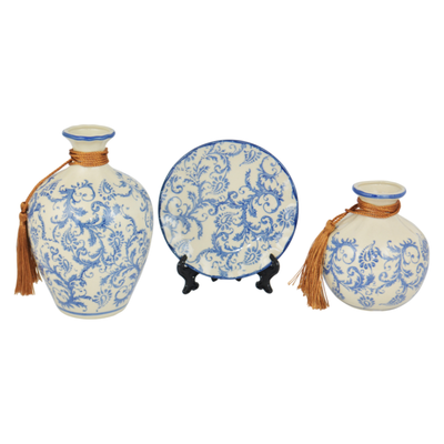 Conjunto 2 Vasos e 1 Prato Decorativo Vintage Cerâmica Branco e Azul