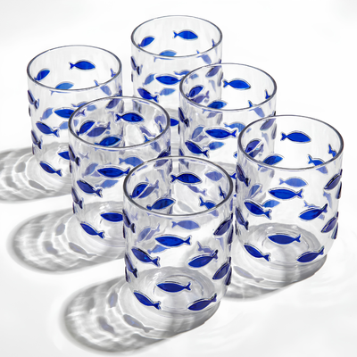 Conjunto 6 Copos Baixos Acrílico Incolor com Peixes Azuis 450ml