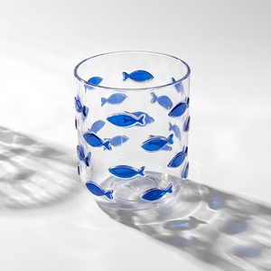 Conjunto 6 Copos Baixos Acrílico Incolor com Peixes Azuis 450ml