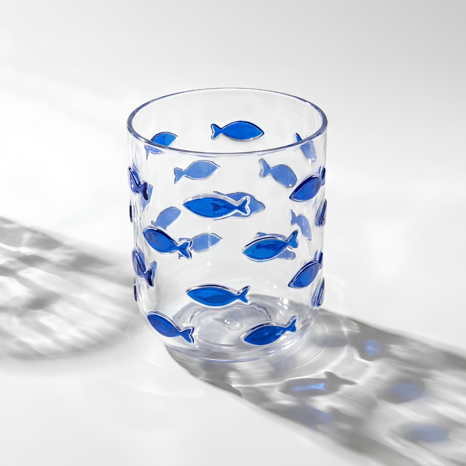 Conjunto 6 Copos Baixos Acrílico Incolor com Peixes Azuis 450ml