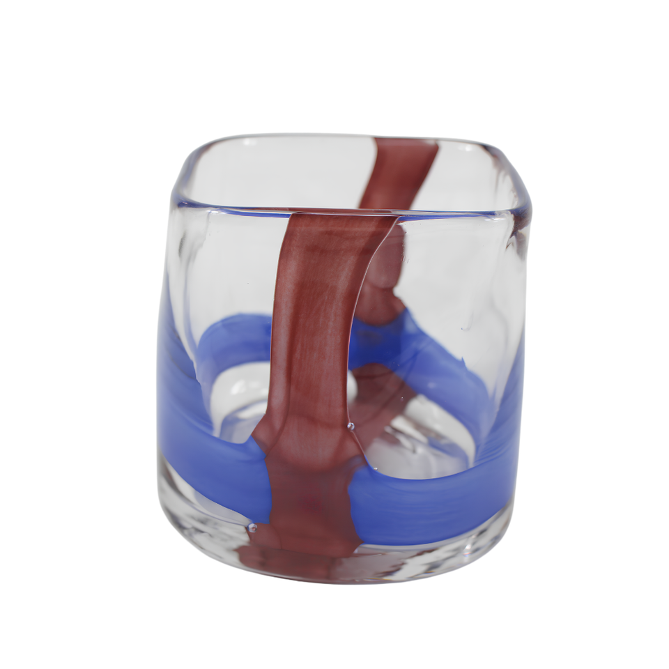 Porta Vela Vidro Listras Íris Azul  e Vermelha 10cm