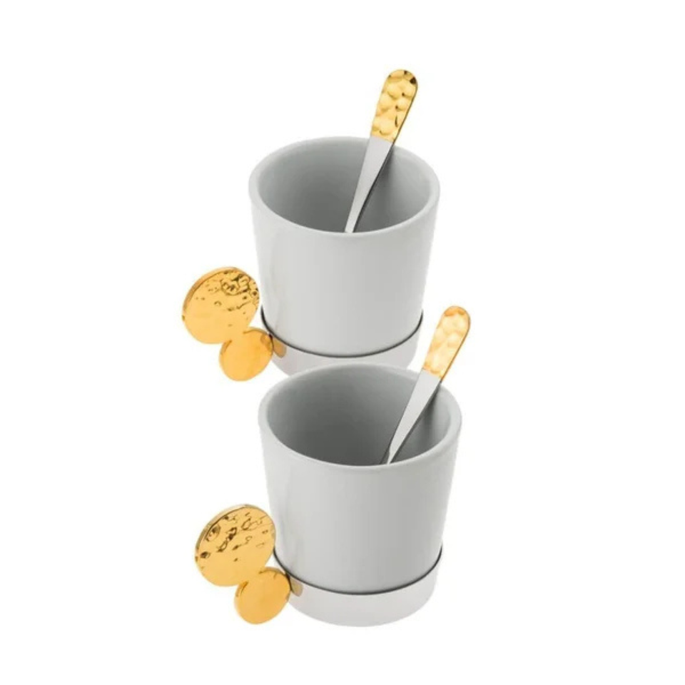 Jogo 6 Xícaras de Café 85ml com Suporte Riviera Nocc Inox com Detalhes em Ouro 24k com Colheres Riva