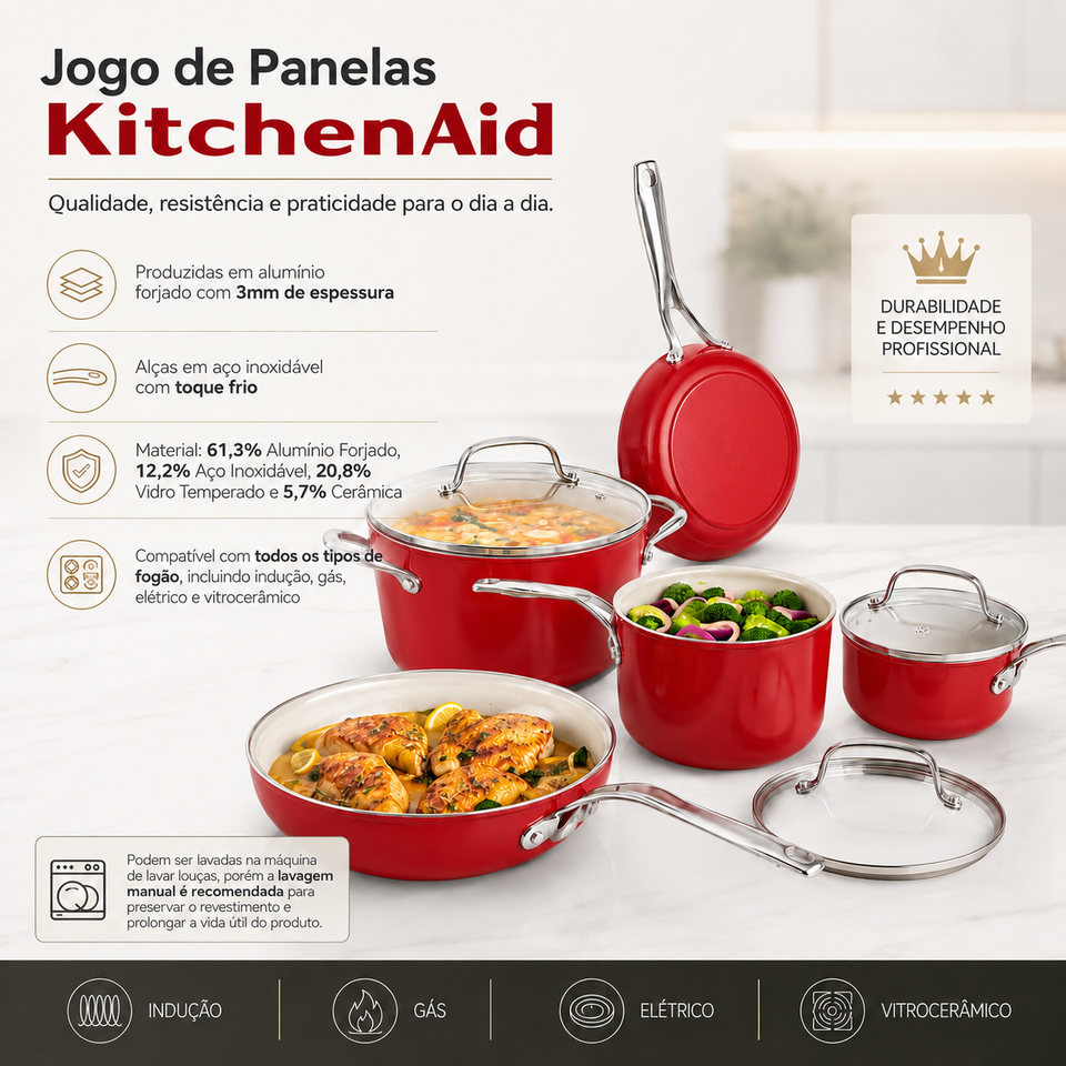 PRÉ-VENDA: Jogo de Panelas Frigideira Caçarola Alumínio 8 Peças Vermelho KitchenAid