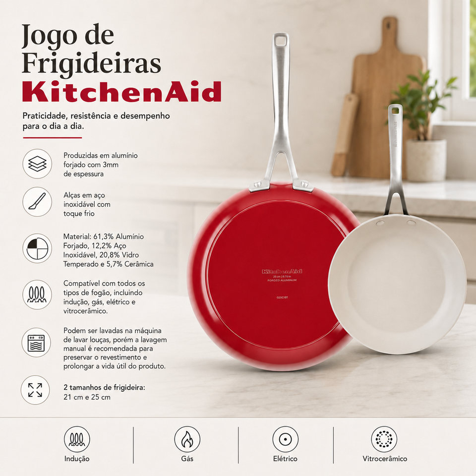 PRÉ-VENDA: Jogo de 2 Frigideiras Alumínio Antiaderente Vermelho KitchenAid