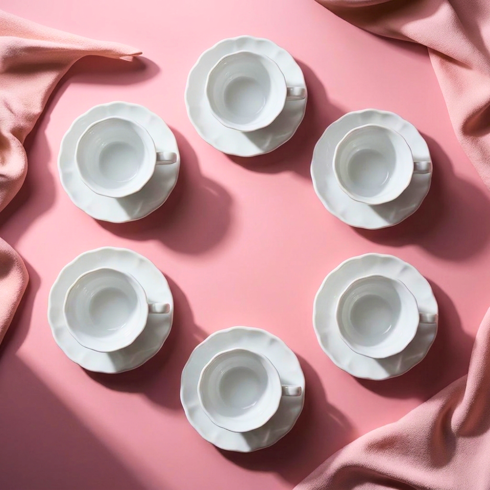 PRÉ-VENDA:  Jogo de 6 Xícaras de Chá com Pires Queen Porcelana Branco