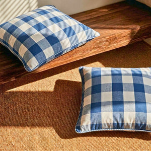Almofada Linho 52X52 Estampa Xadrez Grande Azul Com Cordão