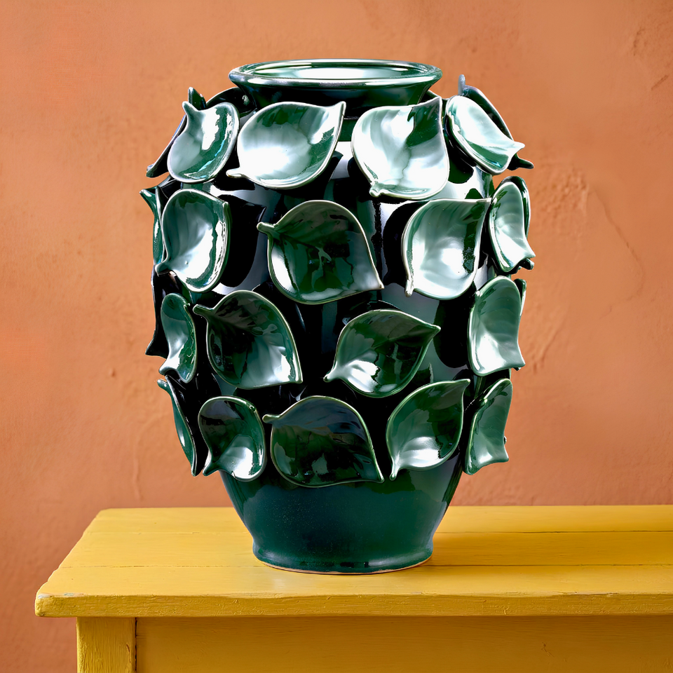 Vaso Cerâmica Folhas Verde Urbano 35x27cm