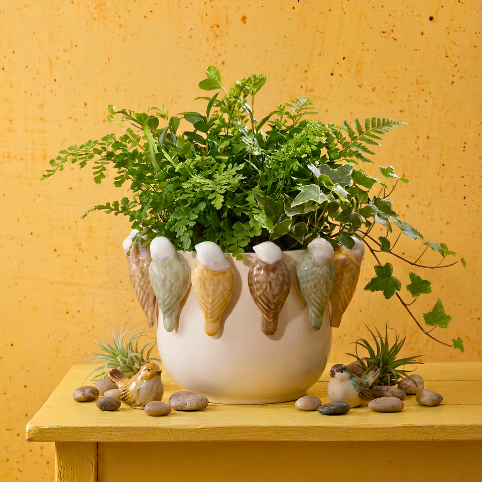 Vaso Cerâmica Branco Pássaros Baixo 20,3cm