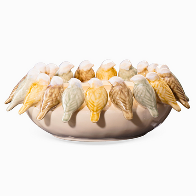 Centro de Mesa Cerâmica Branco Pássaros Baixo 15cm