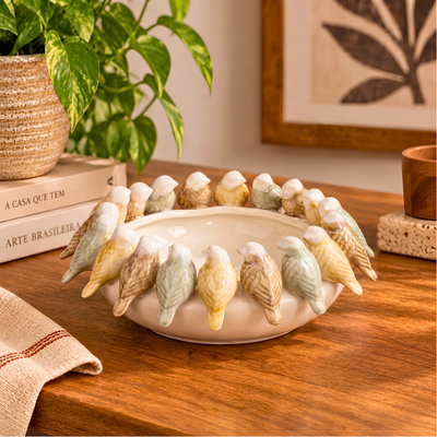 Centro de Mesa Cerâmica Branco Pássaros Baixo 15cm
