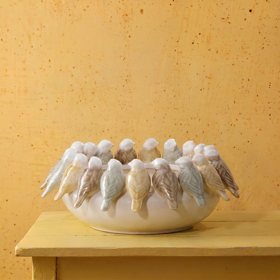 Centro de Mesa Cerâmica Branco Pássaros Baixo 15cm