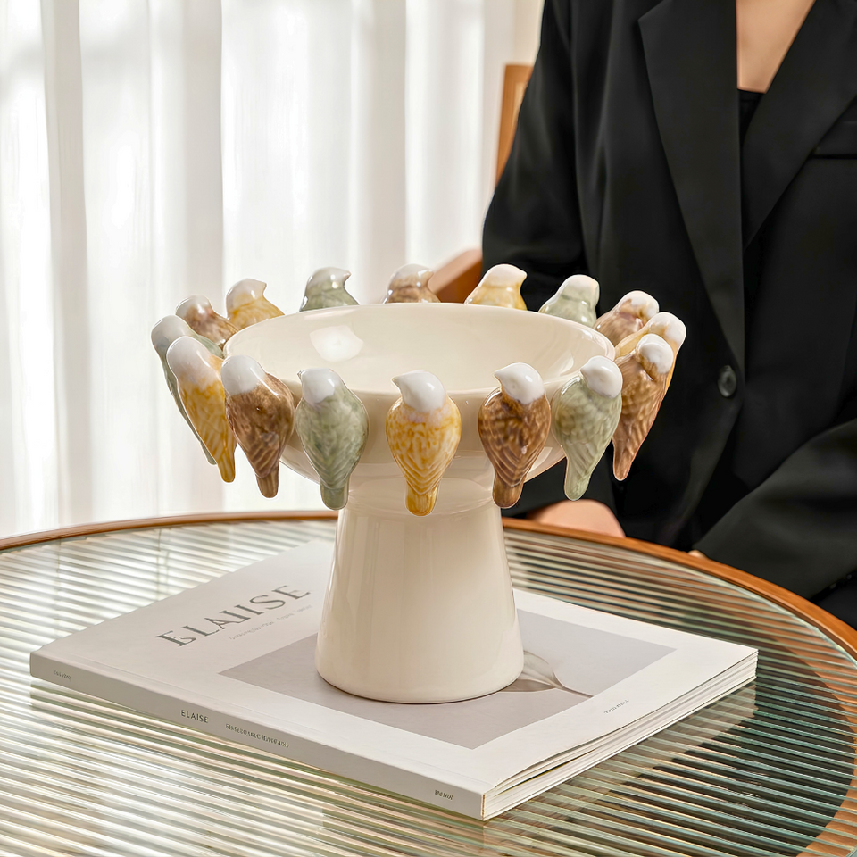 Vaso Cerâmica Branco Pássaros Baixo 26cm