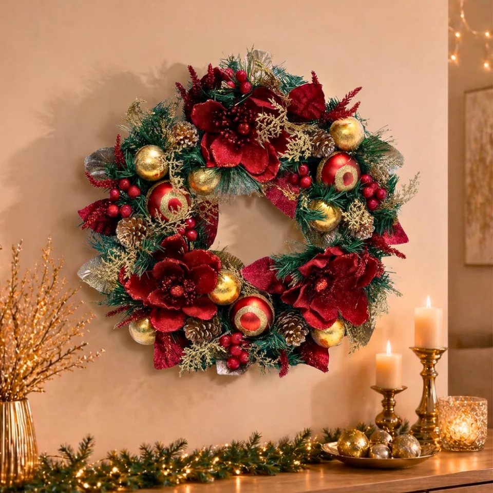 PRÉ-VENDA: Guirlanda Decorativa Natal Filipina Luxury Vermelha e Dourada 55cm