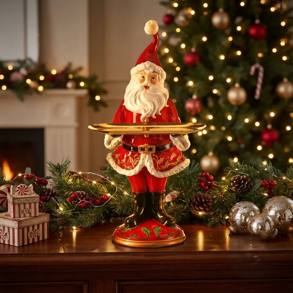 PRÉ-VENDA: Papai Noel Vermelho e Dourado em Resina com Bandeja Dourada Metal Natal