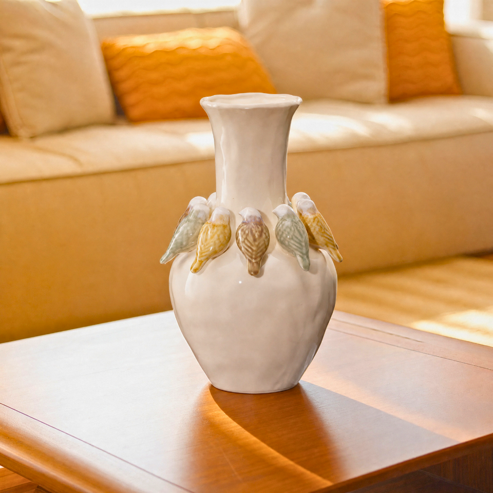 Centro de Mesa Cerâmica Branco Pássaros Alto 41cm