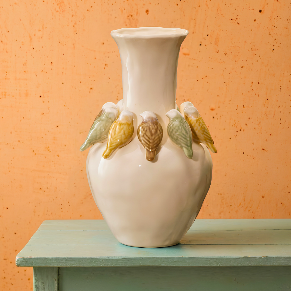 Centro de Mesa Cerâmica Branco Pássaros Alto 41cm