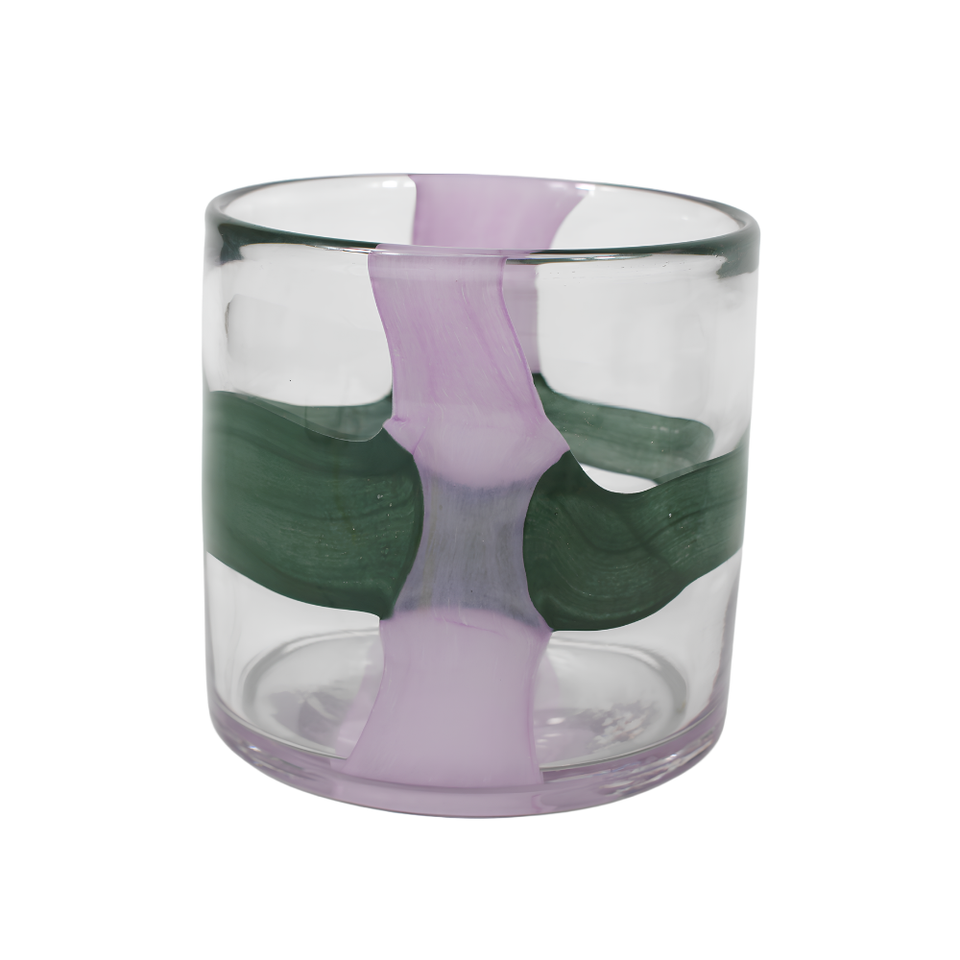 Porta Vela Vidro Listras Íris Rosa e Verde 12cm