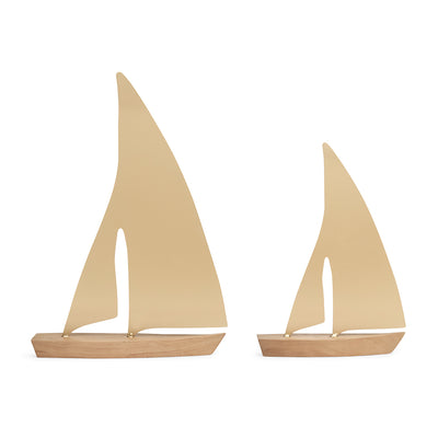 Kit 2 Esculturas Barcos em Madeira e Metal Bege Mart