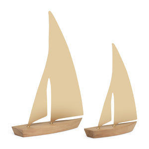 Kit 2 Esculturas Barcos em Madeira e Metal Bege Mart