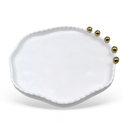 Bandeja Porcelana Branca com Esferas Douradas 24cm