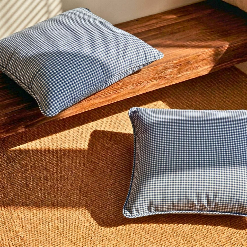Almofada Linho 52X52 Estampa Mini Xadrez Azul Com Cordão