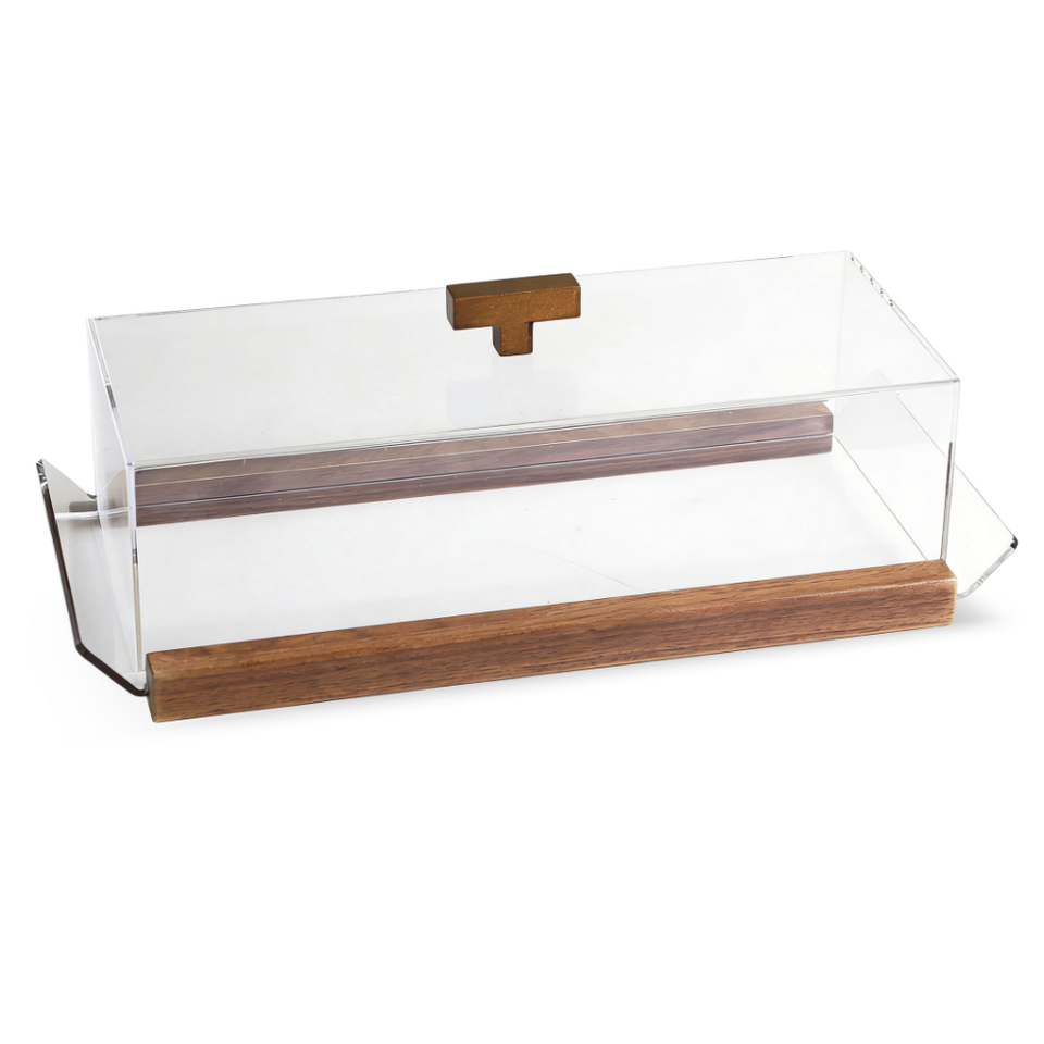 Bandeja Retangular com Tampa Acrílico e Madeira 43cm Clean Wood