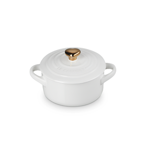 Mini Cocotte Cerâmica Branco com Pegador Coração Dourado Le Creuset