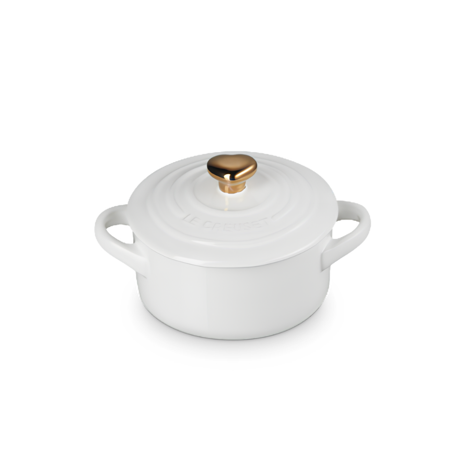 Mini Cocotte Cerâmica Branco com Pegador Coração Dourado Le Creuset