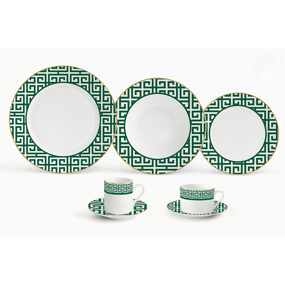 Aparelho de Jantar Grecco 42 Pçs Porcelana Verde com Filete Dourado  L'Hermitage