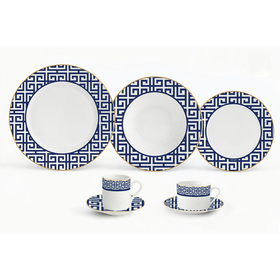 Aparelho de Jantar Grecco 42 Pçs Porcelana Azul com Filete Dourado  L'Hermitage