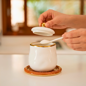 Açucareiro Porcelana Branca com Esferas Douradas