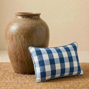 Almofada Linho 35X58 Estampa Dupla Face Azul Xadrez Grande Cordão