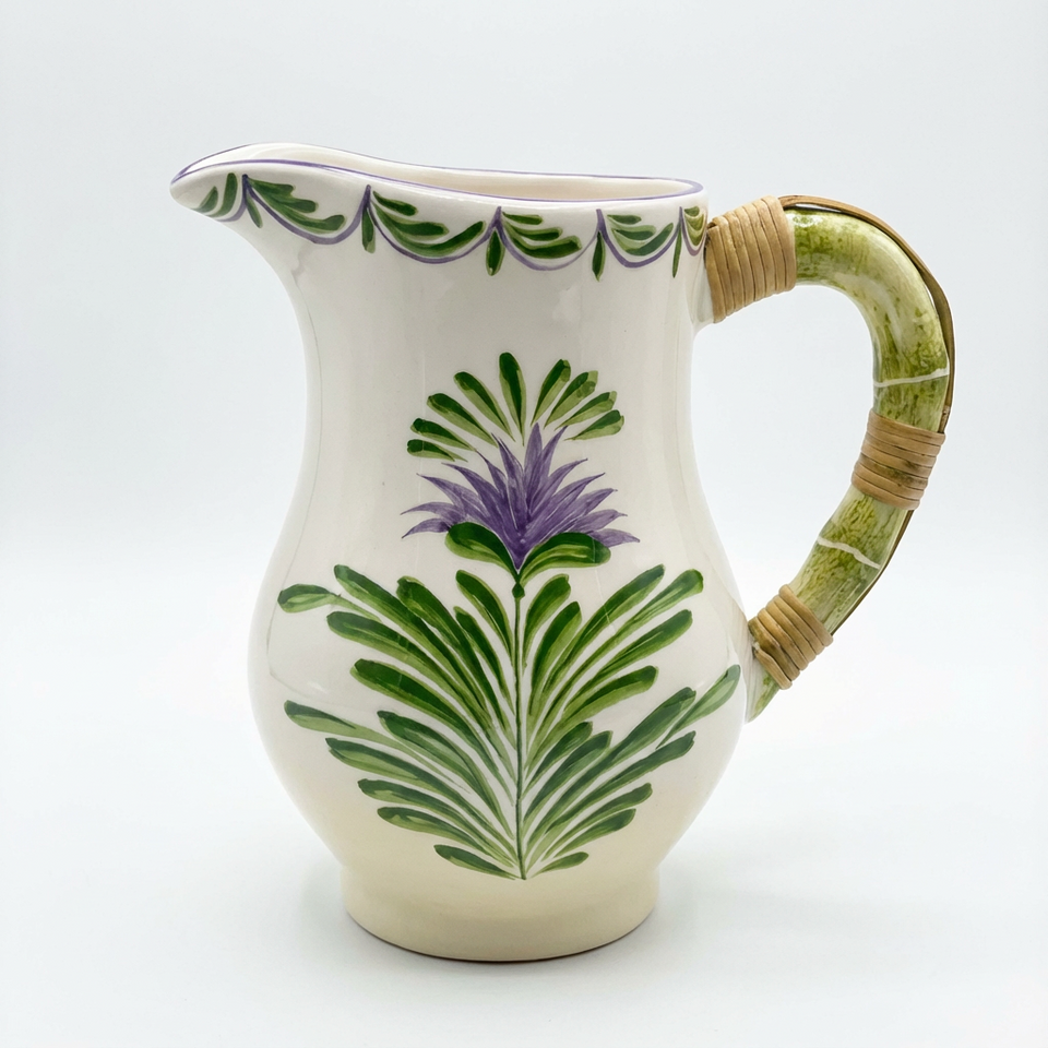 Jarra Cerâmica com Alça em Junco Flor de Alcachofra