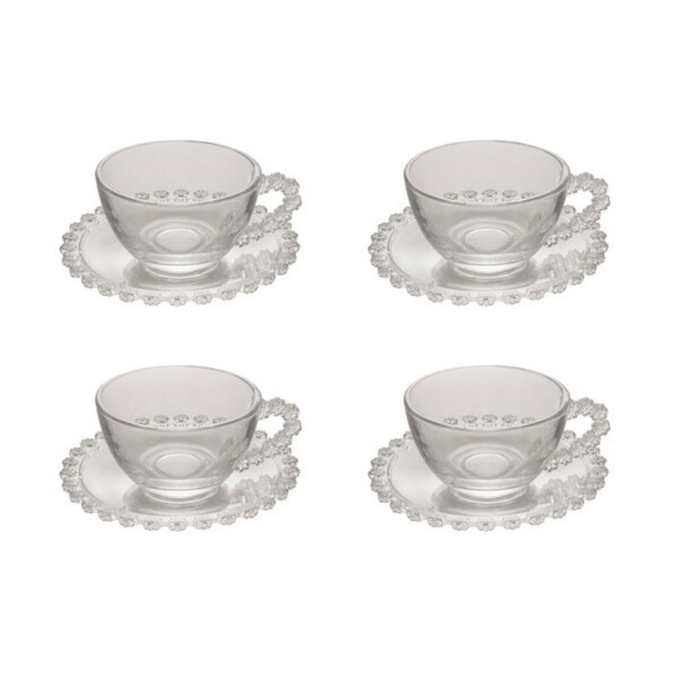 Conjunto 4 Xícaras Chá Cristal  de Chumbo com Pires Daisy 170ml Wolff