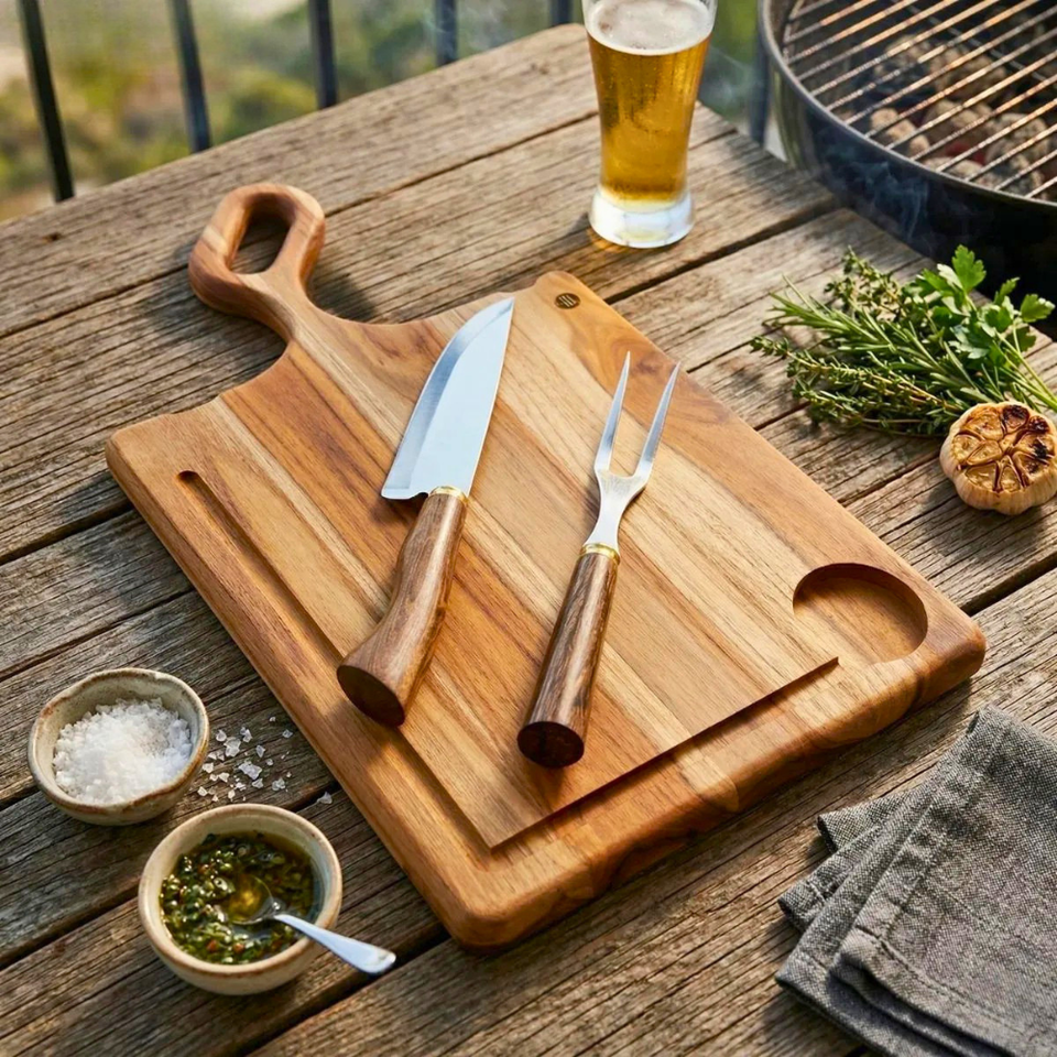 Tabua Churrasco Faca Garfo Embutida Teca Artesanal Carve & Co