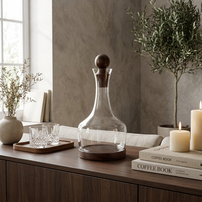 Garrafa Decorativa Vidro com Base e Tampa Madeira Natural 1,5L Linha Encontro