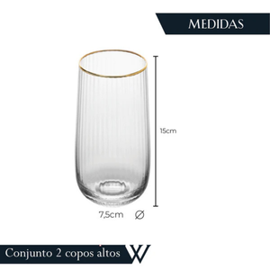 Jogo 2 Copos Altos Vidro Cristalino Borda Dourada Lines 450ml