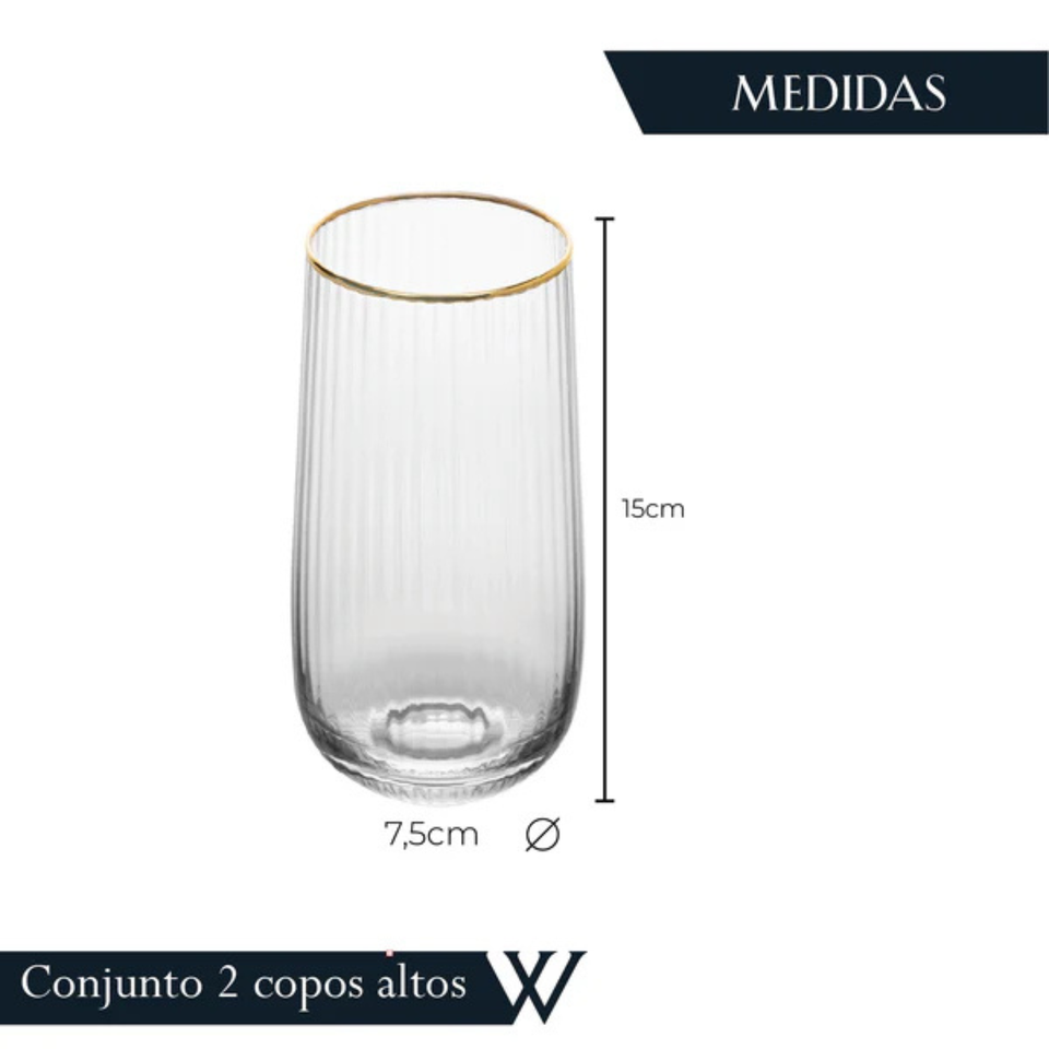 Jogo 2 Copos Altos Vidro Cristalino Borda Dourada Lines 450ml