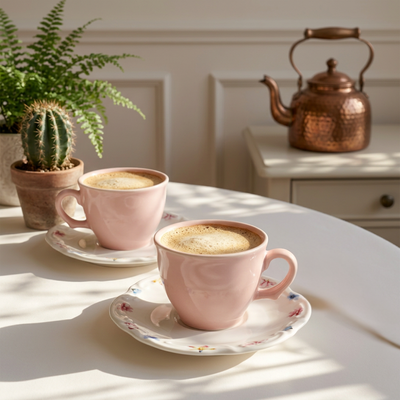 PRÉ-VENDA: Jogo 6 Xícaras de Café com Pires Cerâmica Primavera Scalla