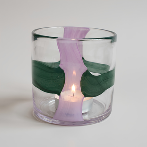 Porta Vela Vidro Listras Íris Rosa e Verde 12cm