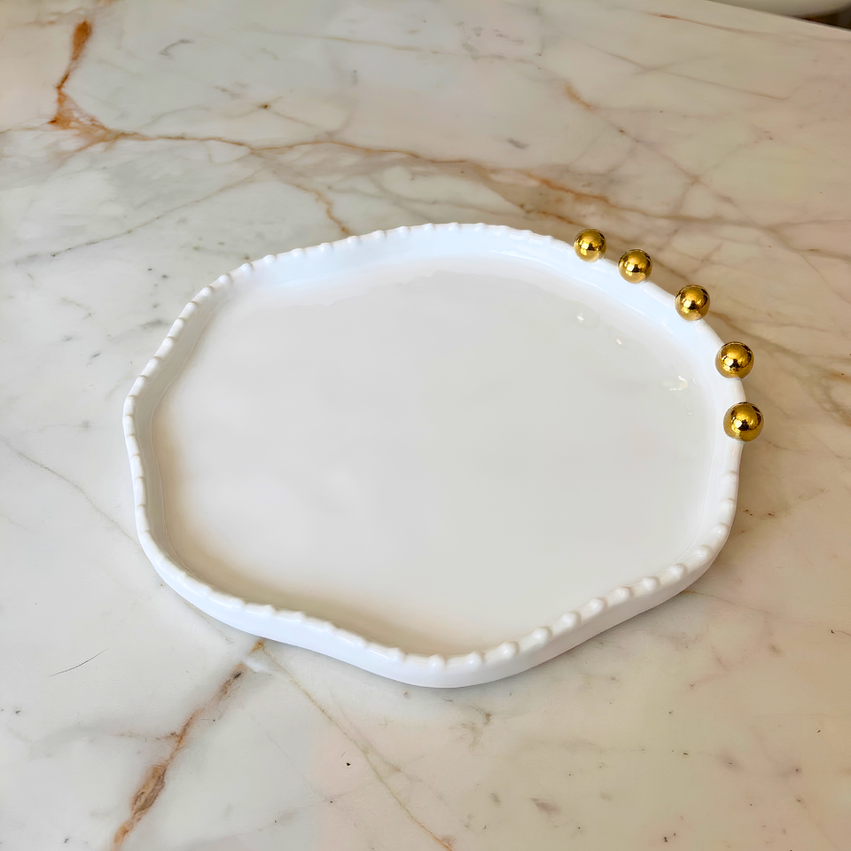 Bandeja Porcelana Branca com Esferas Douradas 24cm