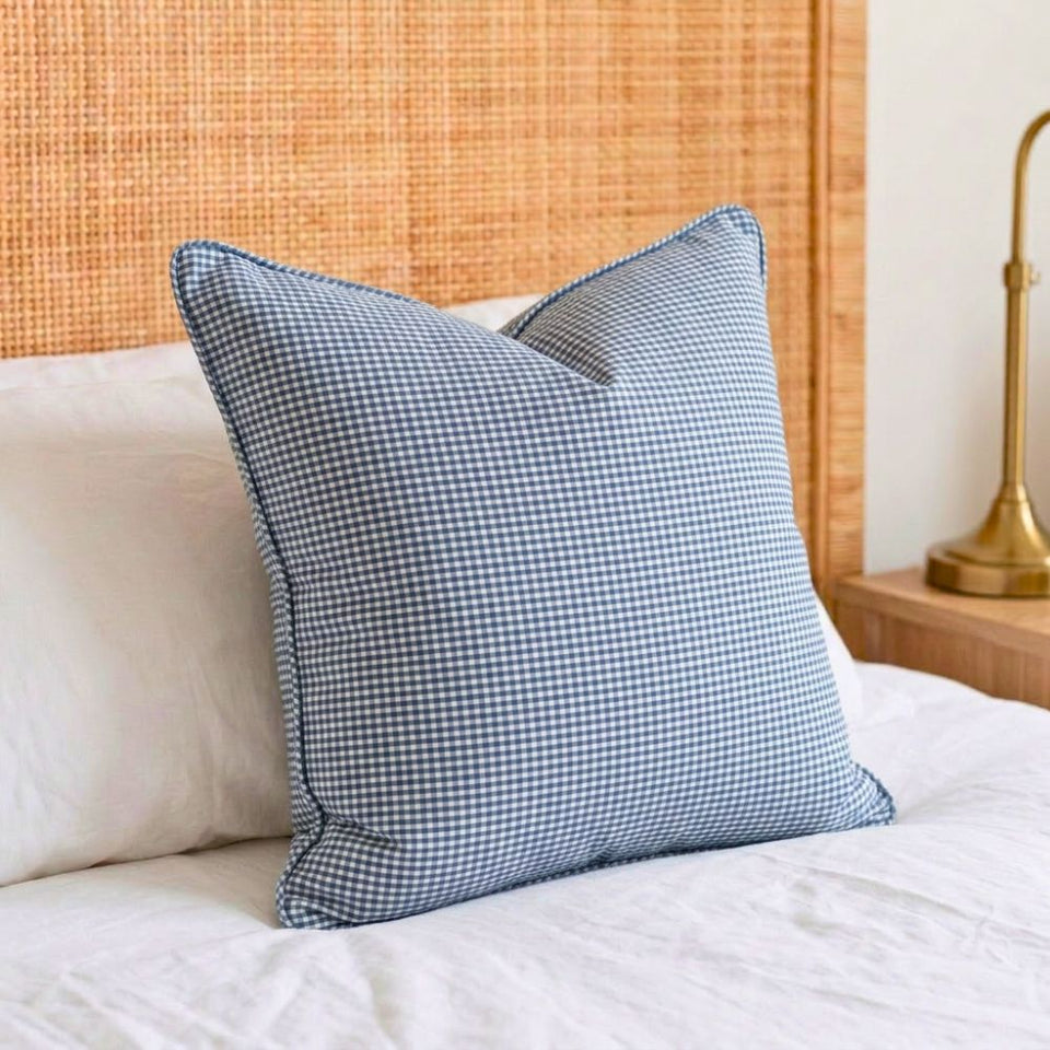 Almofada Linho 52X52 Estampa Mini Xadrez Azul Com Cordão