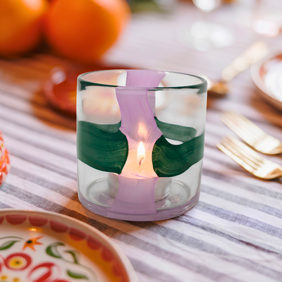 Porta Vela Vidro Listras Íris Rosa e Verde 12cm