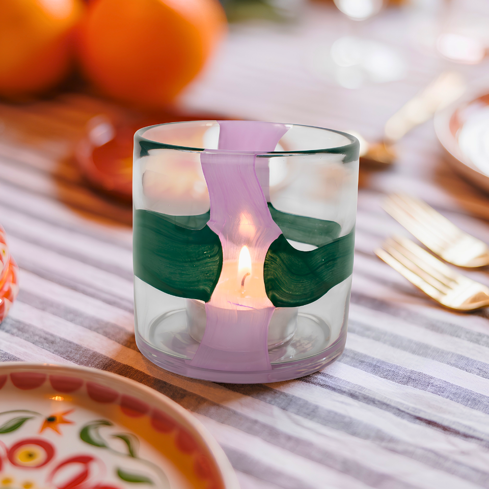 Porta Vela Vidro Listras Íris Rosa e Verde 12cm