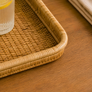 Conjunto 2 Bandejas Retangular Madeira e Rattan Natural