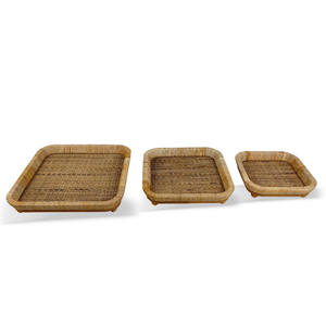 Conjunto 3 Bandejas Quadrada Madeira e Rattan Natural