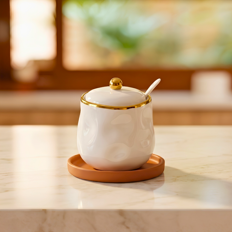 Açucareiro Porcelana Branca com Esferas Douradas