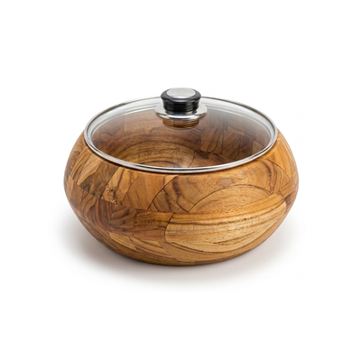 Bowl Madeira Teca com Tampa de Vidro Laguiole Pequeno La Maison
